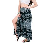 YOUR COZY Wrap Pants for Women - Bohemian Elephant Split Leg Harem Pants High Waist Lightweight Palazzo Hippie Festival Lounge Trousers (Elephant Aegean_L)