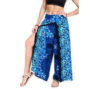 YOUR COZY Wrap Pants for Women - Bohemian Elephant Split Leg Harem Pants High Waist Lightweight Palazzo Hippie Festival Lounge Trousers (Blue Feather_S)