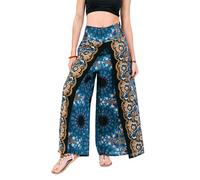 YOUR COZY Wrap Pants for Women - Bohemian Elephant Split Leg Harem Pants High Waist Lightweight Palazzo Hippie Festival Lounge Trousers (Navy Feather_L)