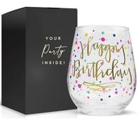 Your Dream Party Shop Happy Birthday 22oz Stemless Wine Glass, Happy Birthday Wine Glass with Gold Print, Perfect Birthday Glass, Happy Birthday Wine Glasses For Women, Birthday Cup