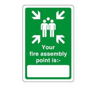 Your fire assembly point is " white box " - safety sign - 1.2mm Rigid plastic for indoor/outdoor usage (200mm x 150mm) Viewing Distance within 5m.