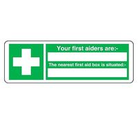 Your First Aiders Are - The Nearest First Aid Box Is Situated - safety sign - 3mm Aluminum Dibond for indoor/outdoor usage (300mm x 100mm) 5m Viewing Distance.