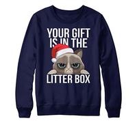 Your Gift Is In The Litter Box Ugly Christmas Sweater, Funny & Unique Cat Joke Santa Parody Christmas Tree Jumper, Xmas Sweatshirt Gifts for Him Or Her, L, Navy