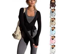 Your Long Sleeve Wrap Over Tops for Women Front Tie Slim Fitted Deep V-Neck Cross Wrap Around Tops Workout Pilates Ballet Yoga Gym Sports TopBlack