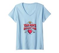 Your Mom's Biggest Fan Est. 1984 Retro Crown Heart V-Neck T-Shirt, Women, Baby Blue, L