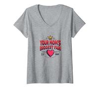 Your Mom's Biggest Fan Est. 1984 Retro Crown Heart V-Neck T-Shirt, Women, Heather Grey, L