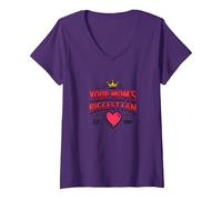 Your Mom's Biggest Fan Est. 1984 Retro Crown Heart V-Neck T-Shirt, Women, Purple, L