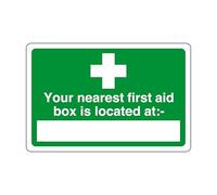 Your nearest first aid box is located at - safety sign - High tack self-adhesive sticker (150mm x 100mm) Viewing Distance within 3m.