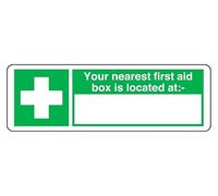 Your Nearest First Aid Box Is Located At - safety sign - High tack self-adhesive sticker (150mm x 50mm) Viewing Distance within 3m.