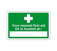 Your nearest first aid kit is located at - safety sign - High tack self-adhesive sticker (150mm x 100mm) Viewing Distance within 3m.