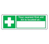 Your Nearest First Aid Kit Is Located At - safety sign - High tack self-adhesive sticker (600mm x 200mm) Viewing Distance within 14m.
