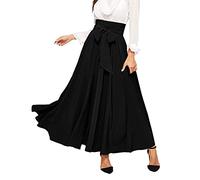 Your Orders Ladies Elasticated Waist Skirts Women's Elegant High Waist Skirt Tie Front Pleated Maxi Skirts Boho Midi Skirt Cotton A Line Pretty Fashion Black