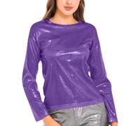 Your Orders Placed Recently by Me Gifts Summer Tops for Women UK Women's Solid Color Reflective Shiny Metallic Round Neck Long Sleeve Top T Shirt Womens Clearance Purple