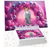 YOUR OWN PHOTO WITH PINK BALLOON ARCH HAPPY BIRTHDAY PERSONALISED ICING EDIBLE LARGE CAKE TOPPER DECORATION SUITABLE FOR USE ON COSTCO CAKE R2-354