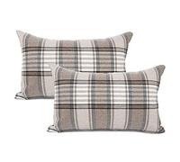 YOUR SMILE Set of 2 Retro Farmhouse Outdoor/Indoor Buffalo Tartan Chequer Stripe Plaid Cotton Linen Decorative Throw Pillow Case Cushion Cover Pillowcase for Sofa Chair,Brown, 12x20inch
