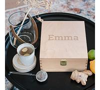 your surprise Personalised Engraved Wooden Tea Box - Tea Box Engraved with name or text including 2 Glass Mugs & 3 Types of Tea Various (Tea box)