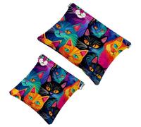 Your Travel Solution: 2Pcs Black Background Colored Cat Group-1662 Shrapnel Pouch - Compact Makeup Bag, Multicolor 03, A：7.1x5.8in/18x14.8cm，B:4.7x4.5in/12x11.5cm