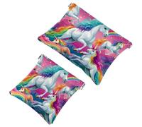 Your Travel Solution: 2Pcs Colored Retro Art Unicorn-705 Shrapnel Pouch - Compact Makeup Bag, Multicolor 09, A：7.1x5.8in/18x14.8cm，B:4.7x4.5in/12x11.5cm
