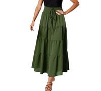 Your Women Summer Boho Maxi Skirt Ruched Elastic High Waist Casual Ruffle Flowy Swing Tiered Pleated A-Line Holiday Casual Gypsy Vintage Long Skirts Full Length Green XL