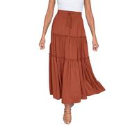 Your Women Summer Boho Maxi Skirt Ruched Elastic High Waist Ruffle Flowy Swing Tiered Pleated A-Line Holiday Casual Gypsy Vintage Long Skirts Full Length Brick Red S