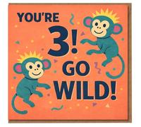 You're 3! Go Wild Monkeys 3rd Birthday Card - Fun Jungle Theme for Kids
