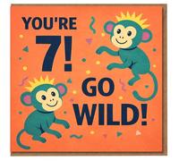 You're 7! Go Wild! Monkey 7th Birthday Card for Kids - Fun Jungle Confetti Design
