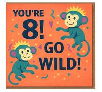 You're 8 Go Wild Monkey 8th Birthday Card for Kids - Fun Jungle Design with Two Cheeky Monkeys and Confetti