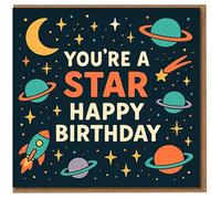 You're a Star Happy Birthday Card - Space Rocket, Planets and Moon Design - Cosmic Shooting Star Theme for Kids, Teens or Adults