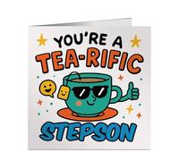 You're a Tea-rific Stepson - Personalised Work Friend Card - Funny Birthday, Thank You, Leaving Gift - Profession Specific Greeting - Made in Britain
