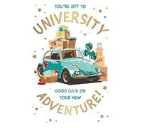 You're off to University Good Luck Card, Gold Foil Design, Vintage Car Theme