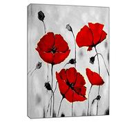 YourHomeArt Four Red Poppies Landscape Black White Background Print On Framed Canvas Wall Art 20 x 12inch(50x 30 cm) -18mm Depth