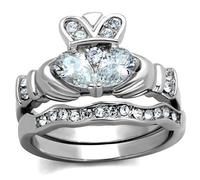 YourJewelleryBox Irish Claddagh Ring Stainless Steel Simulated Diamond Wedding Set Band Size T TK2119PB