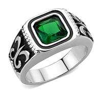 YourJewelleryBox Mens emerald green ring signet pinky stainless steel fleur de lis blackened silver 361645 (S)