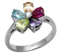 YourJewelleryBox Pear Flower Ring Multi Colour Gemstones Silver Stainless Steel Stamped (N)