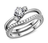 YourJewelleryBox STAINLESS STEEL 3stone SIMULATED DIAMOND RING WEDDING ENGAGEMENT SET 2PCS 3507 Q