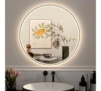 YOURLITE 600mm Round Bathroom Mirror with LED Light, Illuminated Wall Mounted Vanity Mirror with Dual light strips and Anti-Fog, 3-Color Dimmable Large Makeup Mirror, Touch Button, IP44