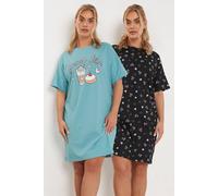 Yours 2 Pack 'brunch Club' Nightdresses In Blue Blue 30-32