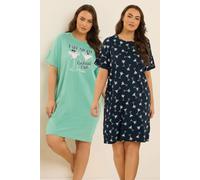 Yours 2 Pack Cocktail Print Sleep Tee Nightdresses In Green Green 30-32