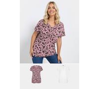 Yours 2 Pack Ditsy Floral Pintuck Henley Tops In Pink Pink 16