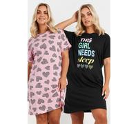 Yours Curve 2 Pack & Black Heart Print Slogan Nightdresses - Women's - Plus Size Curve