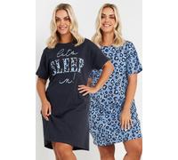 Yours 2 Pack Leopard Print 'let's Sleep' Nightdresses In Blue Blue 26-28