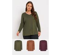 Yours 3 Pack Curve & Khaki Green Long Sleeve V-Neck T-Shirts - Women's - Plus Size Curve