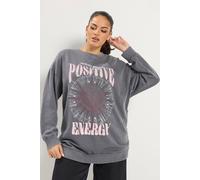 Yours Women's Acid Wash 'Positive Energy' Sweatshirt in Grey | Size: 14/16
