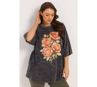 Yours Acid Wash Rose Boxy T-Shirt In Charcoal Charcoal