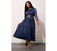 Yours London Curve Animal Print Mesh Maxi Dress with Belt - Women's - Plus Size Curve Blue