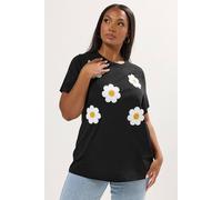 Yours Women's Applique Daisy T-Shirt in Black | Size: 26-28 Yours Black 26-28