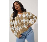 Yours Argyle Knitted Cardigan In Brown Brown 14-16