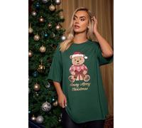 Yours Curve Glitter 'Beary Merry Christmas' Bow Novelty T-Shirt - Women's - Plus Size Curve Green