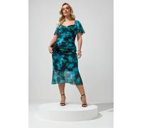 Yours Women's Blur Print Gathered Midi Dress in Teal | Size: 26-28 Yours Teal 26-28