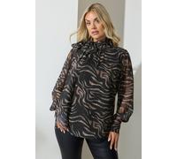 Yours Blurred Animal Bow Tie Neck Blouse In Black Black 30-32